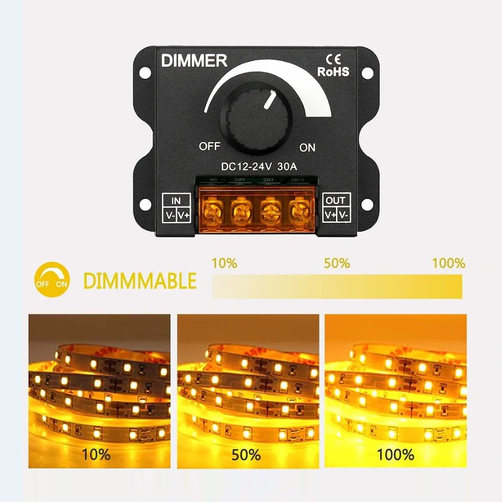 DC 12V-24V LED Dimmer Switch 30A LED Monochrome Controller PWM Digital Stepless Dimming for Lamp Strip Single Color Lamp