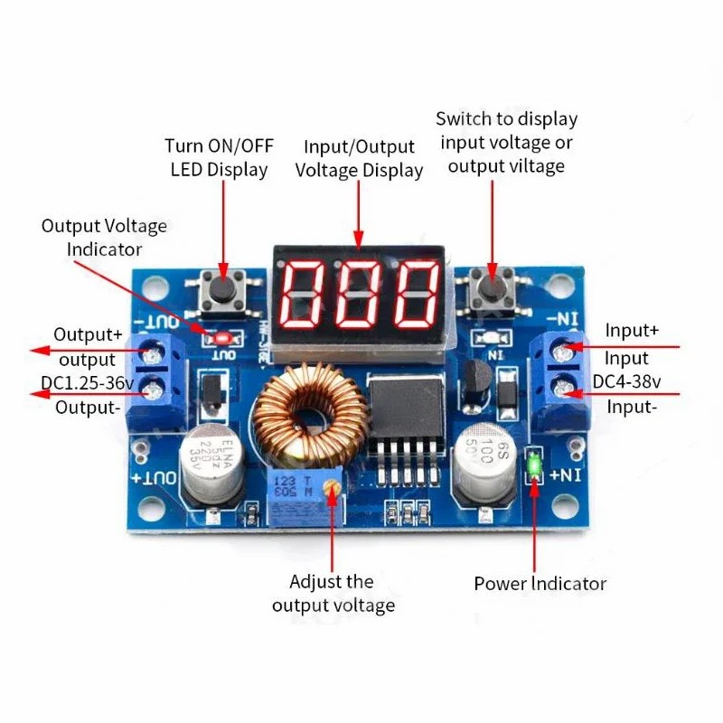 5A high-power 75W DC-DC Adjustable Step-Down Module 4.0-38V to 1.25V-36V buck-stabilized power supply module with voltmeter display