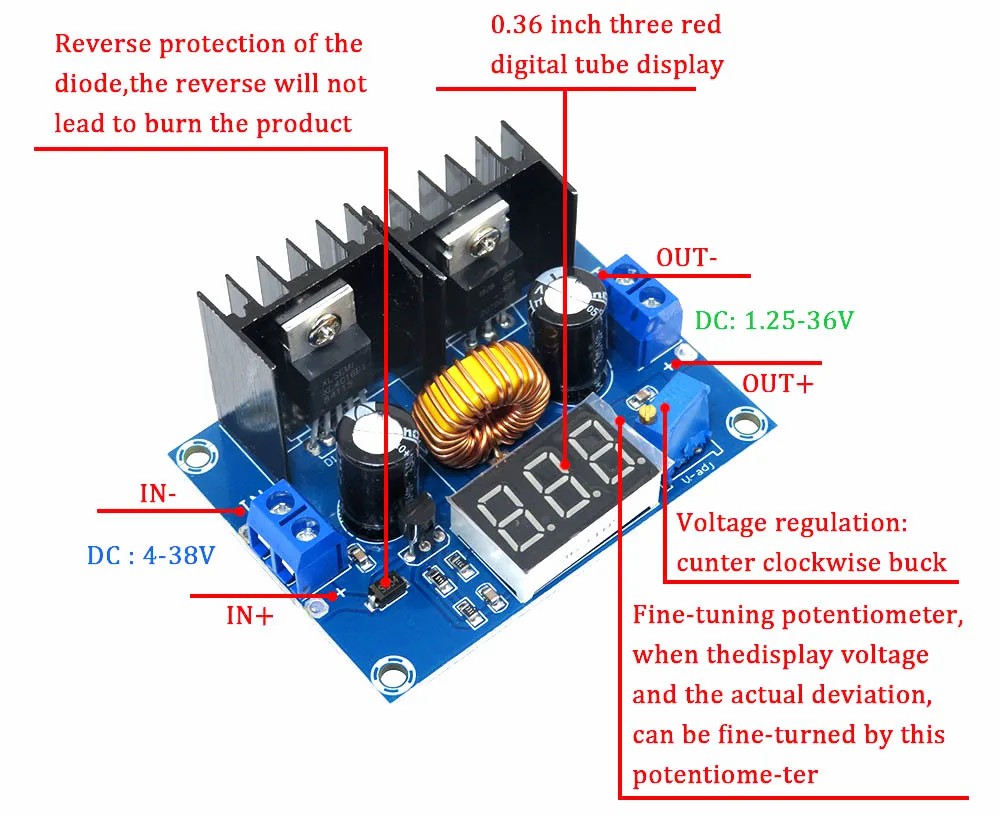 LED Voltmeter PWM Adjustable 4-36V To 1.25-36V Step-Down Board Module XL4016 8A 200W DC-DC Power drop Module