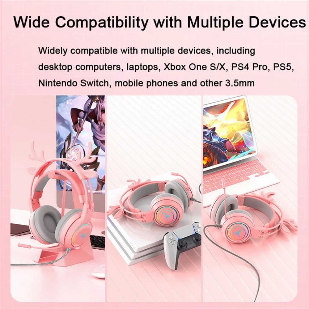 SY-G25 Wired Headphone High Fidelity Noise Cancelling Colorful Light Cartoon Deers 3.5mm Gaming Lossless Earpiece