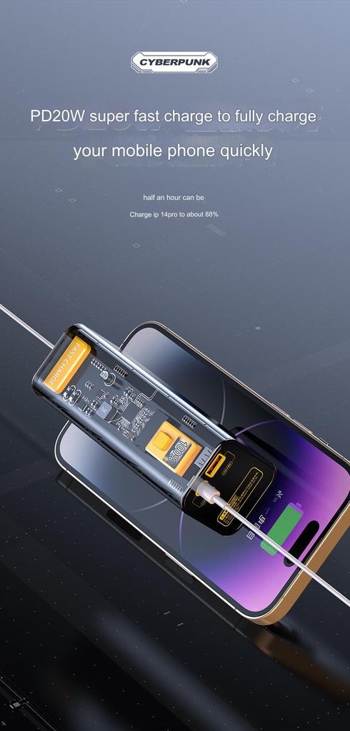 PD22.5W fast charging large capacity 20000 mAh transparent shell mobile phone power bank