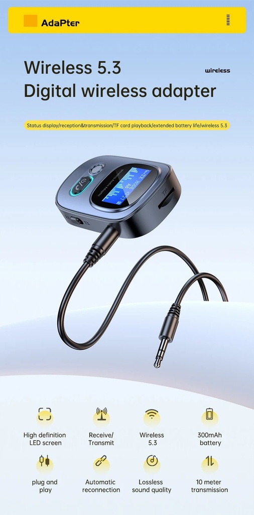Bluetooth-compatible5.3 Audio Receiver Adapter Wireless Stereo Music Adapter Support TF Card Play with LCD Screen
