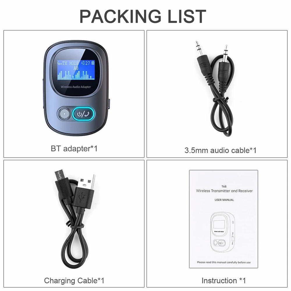 Bluetooth-compatible5.3 Audio Receiver Adapter Wireless Stereo Music Adapter Support TF Card Play with LCD Screen