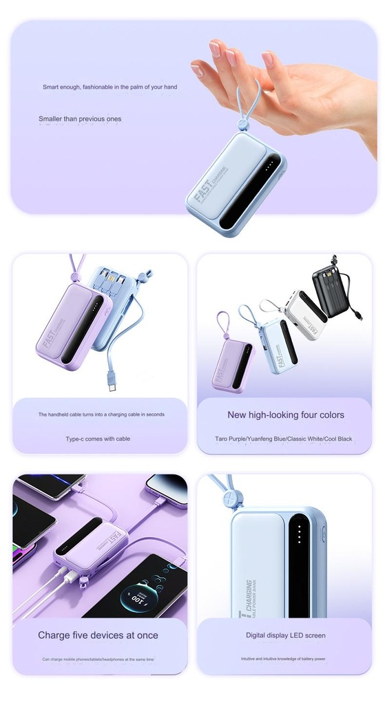 10000mAh Mobile Power Supply With Built-In Cable 18W Super Fast Charging Power Bank