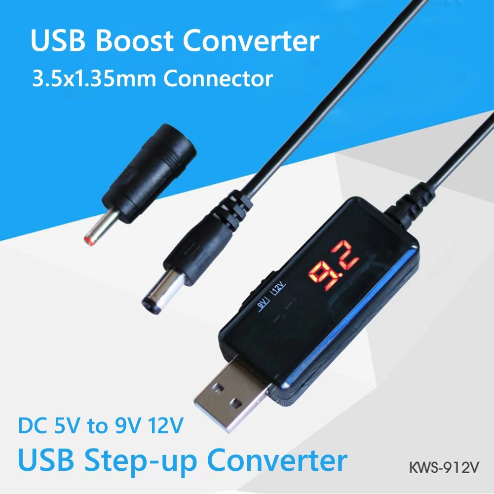 USB to DC5.5/3.5mm router optical modem boost cable 5V booster to 9V12V charging cable with led display