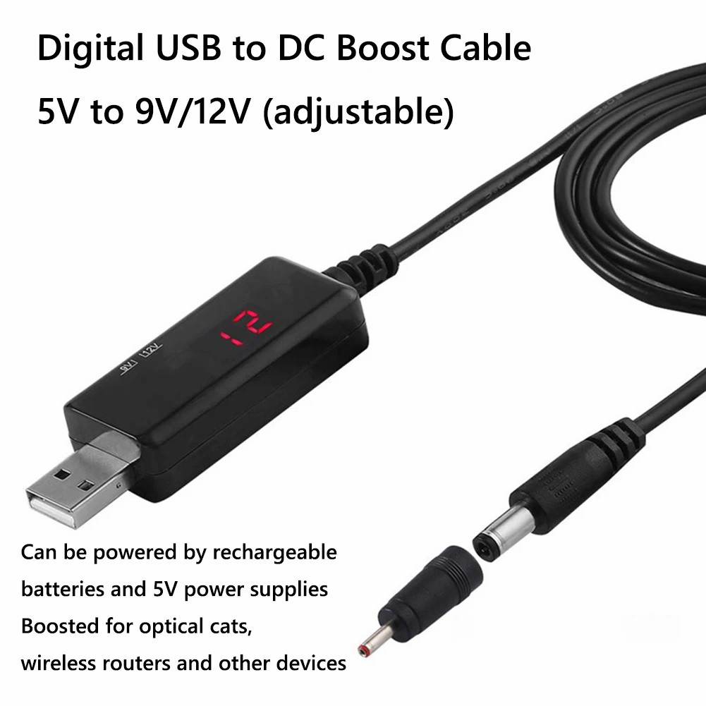 USB to DC5.5/3.5mm router optical modem boost cable 5V booster to 9V12V charging cable with led display