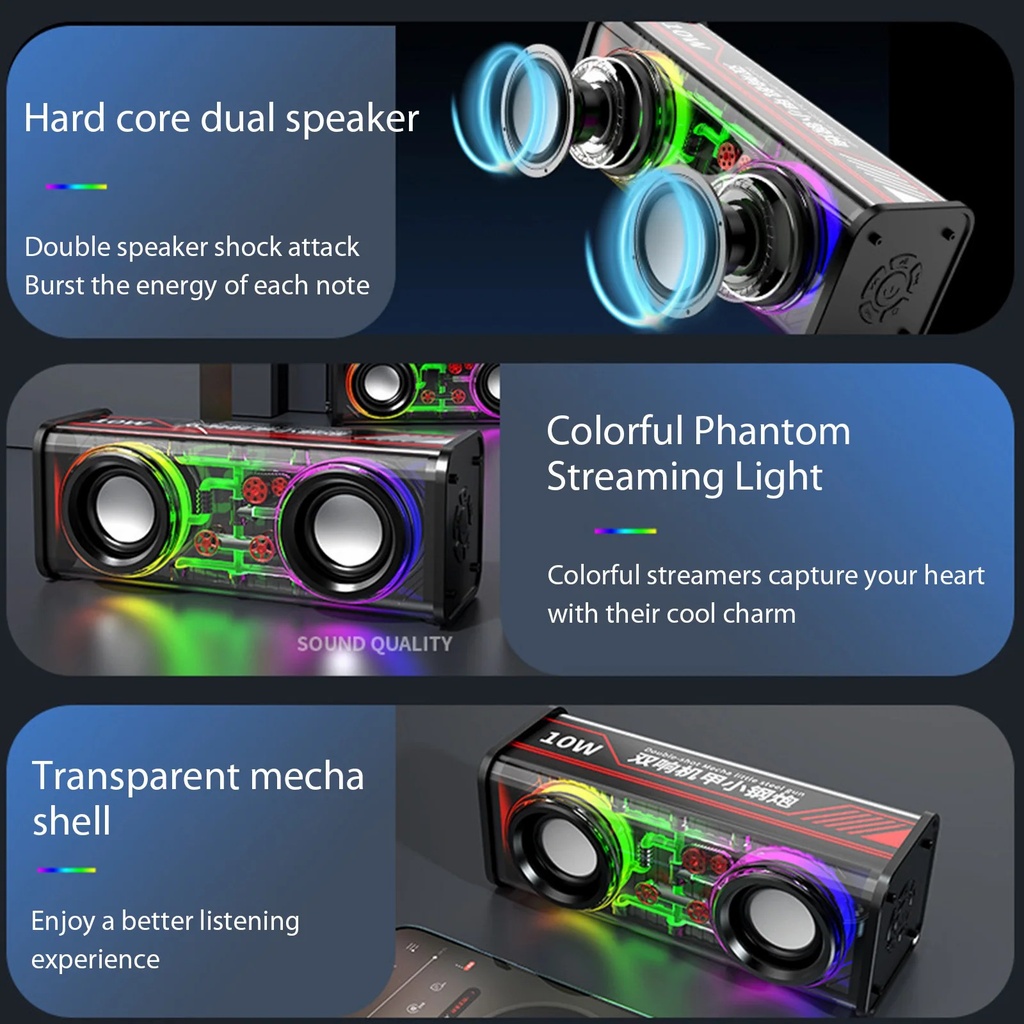 V8 10W 1800mAh Wireless Stereo Speaker TWS Transparent Mecha Stereo BT 5.0 Colorful Light
