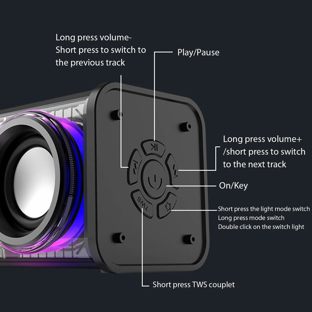 V8 10W 1800mAh Wireless Stereo Speaker TWS Transparent Mecha Stereo BT 5.0 Colorful Light