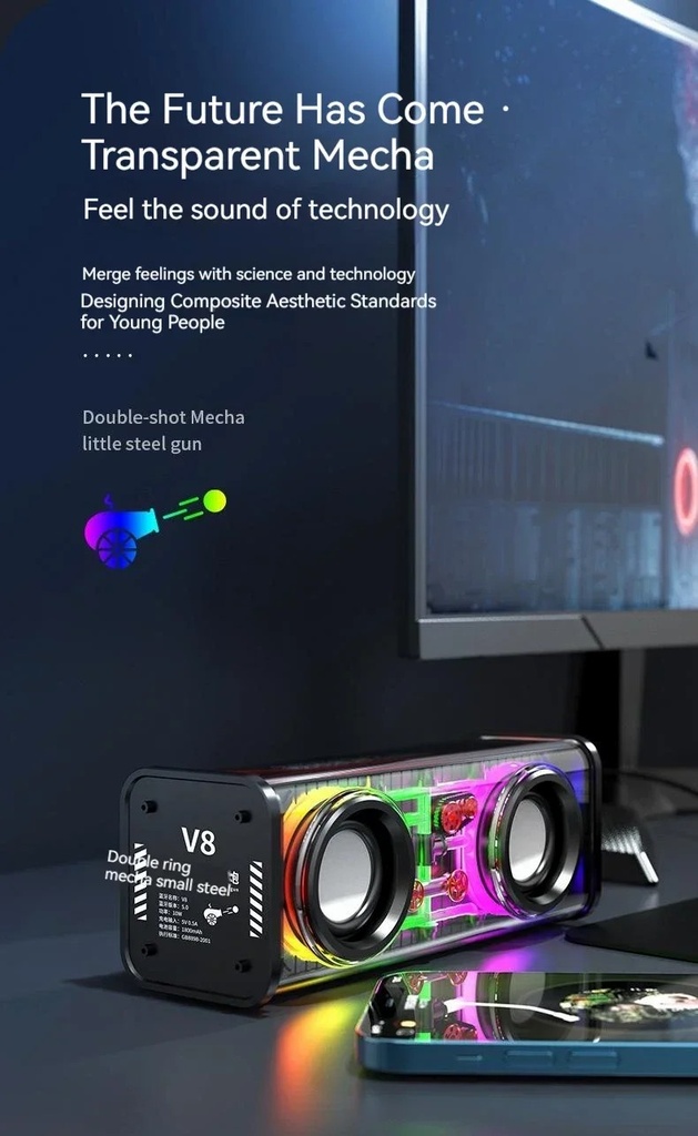 V8 10W 1800mAh Wireless Stereo Speaker TWS Transparent Mecha Stereo BT 5.0 Colorful Light