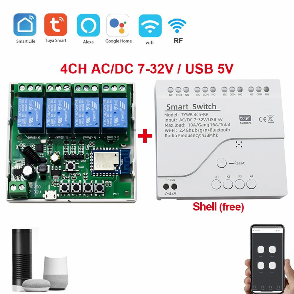 Tuya RF 433Mhz WIFI Smart 4CH Receiver Module Wireless Remote Timing Voice Control Remote Control Switch AC DC 7-32V