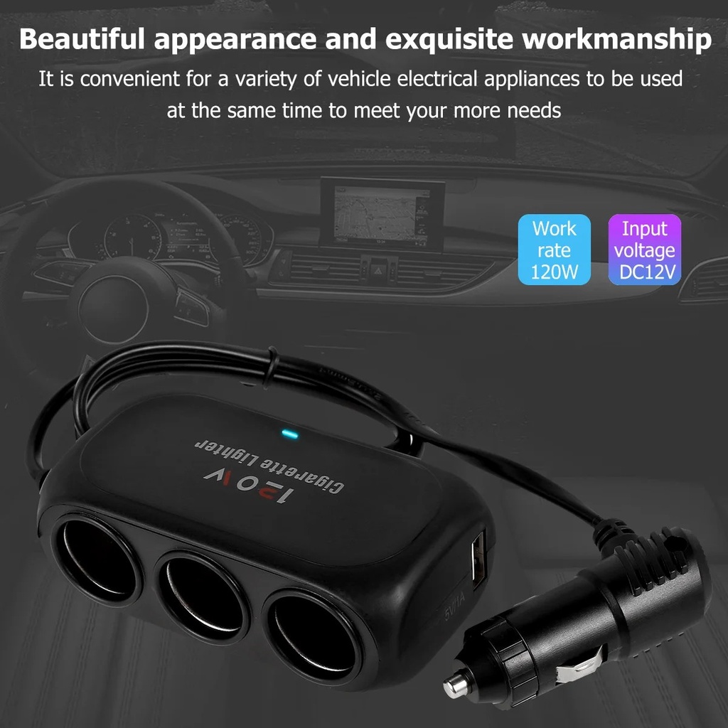 Universal 12V 24V 120W 3 Way Multi Socket Charger Splitter 2 USB Ports with 10A Car power adapter