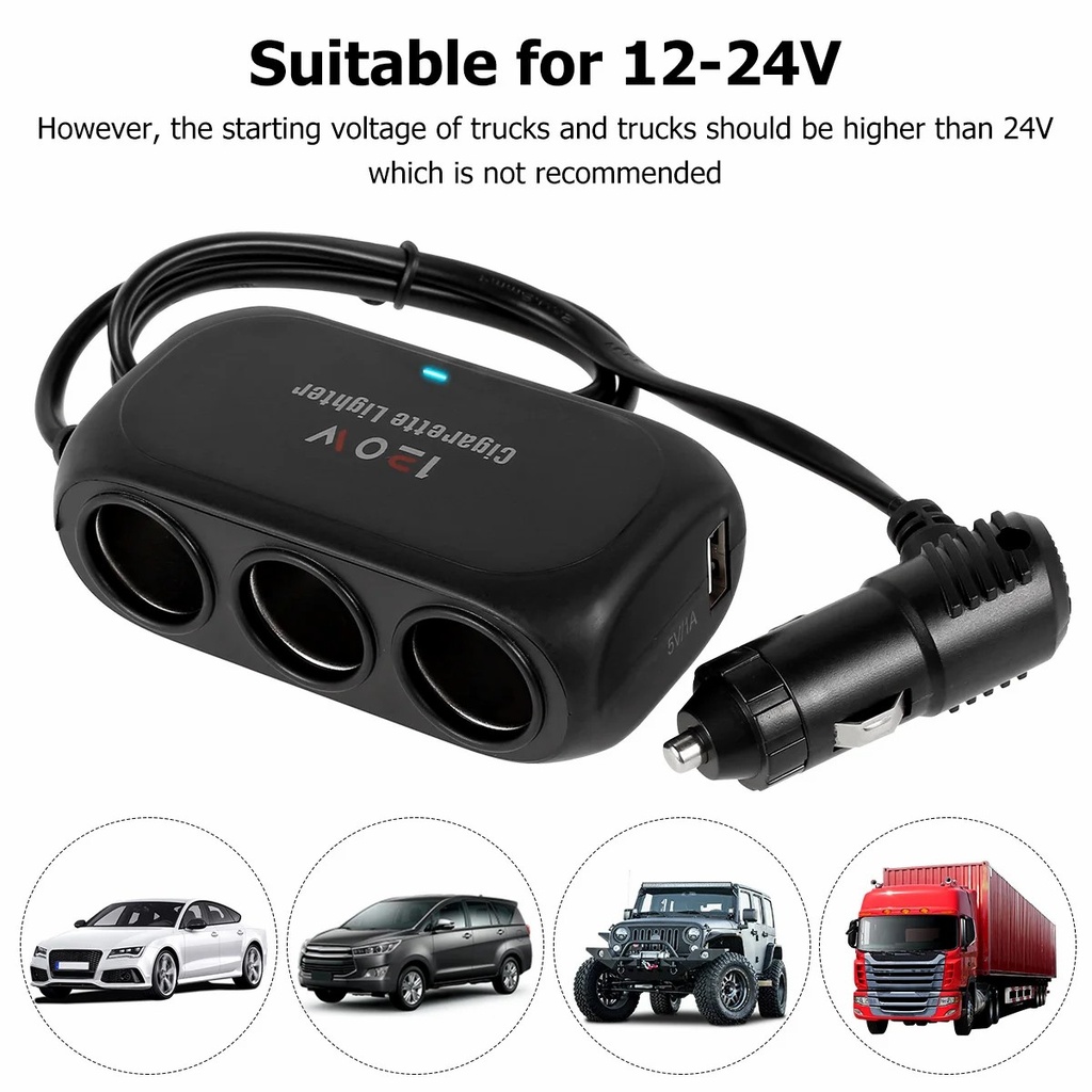 Universal 12V 24V 120W 3 Way Multi Socket Charger Splitter 2 USB Ports with 10A Car power adapter