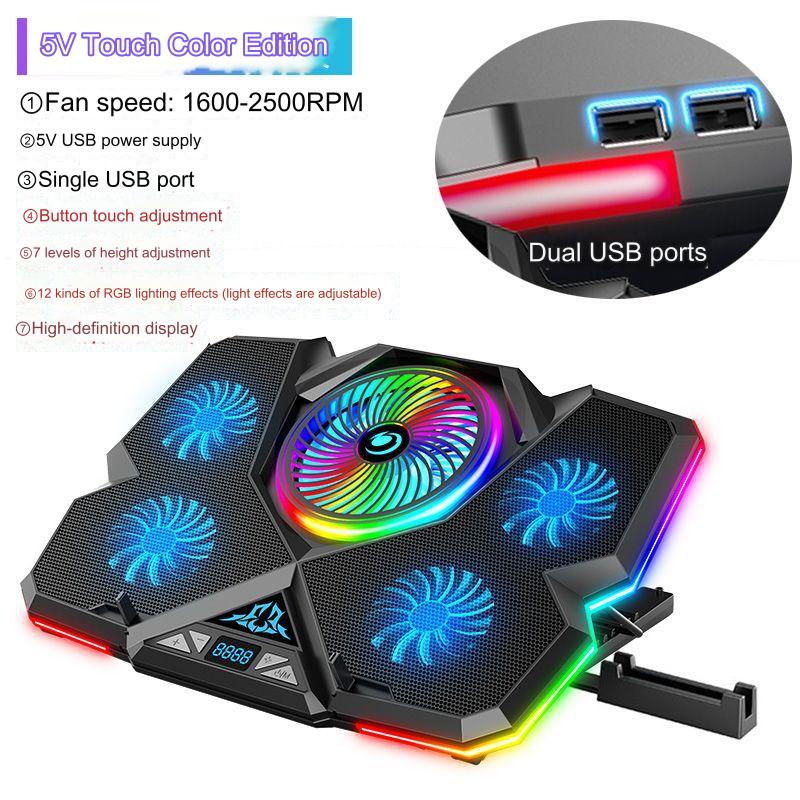Coolcold Gaming Laptop Cooler 5 Fans 2 USB Ports With RGB Light HD Display Laptop Cooling Pad Adjustable Notebook Cooler Stand For 14-17inch