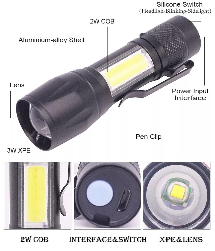 aluminum alloy USB charging led mini telescopic zoom COB glare flashlight
