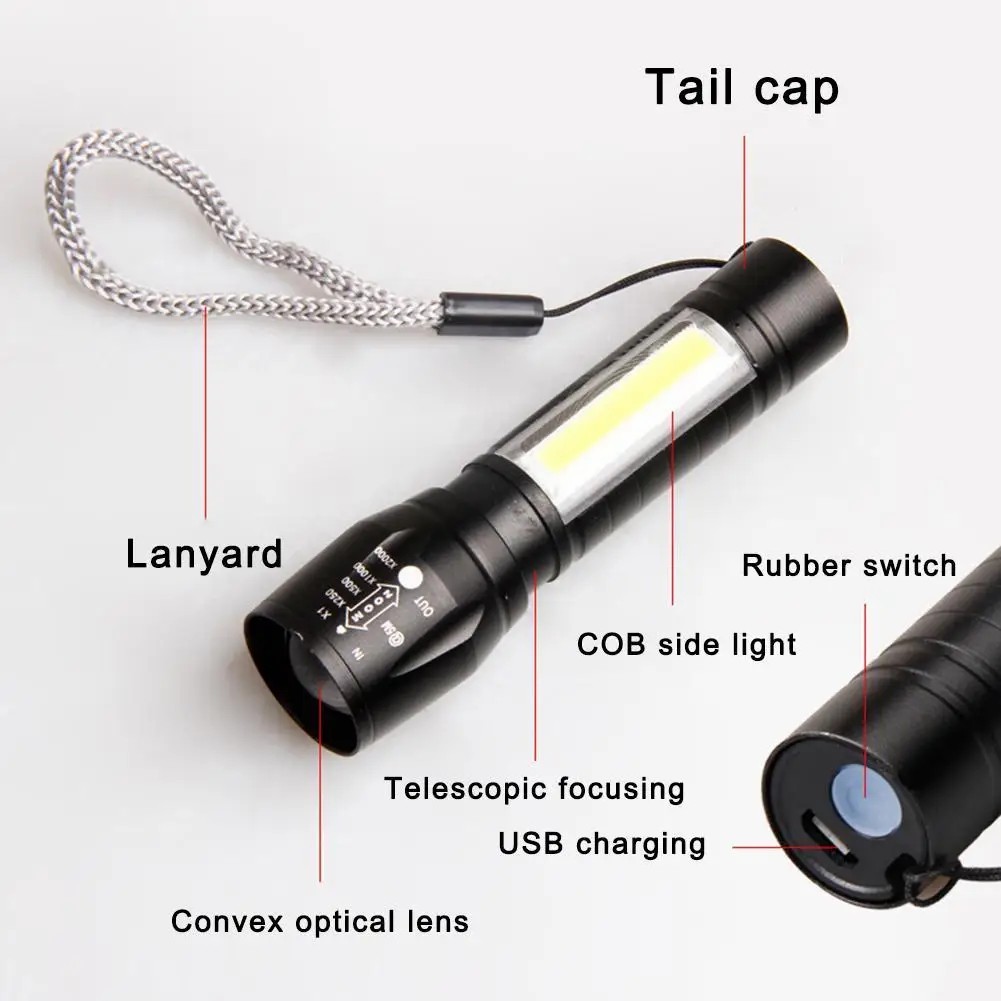 aluminum alloy USB charging led mini telescopic zoom COB glare flashlight