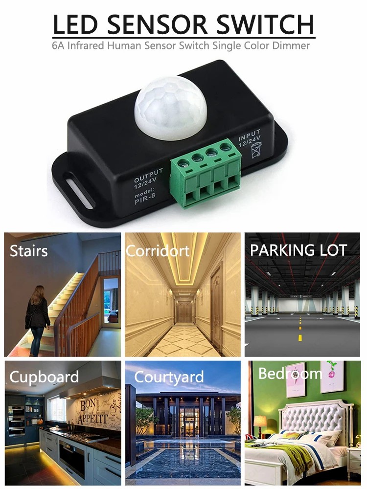 DC 12V 24V 6A Automatic Adjustable PIR Motion Sensor Light Switch Module for LED Strip Light Lamp