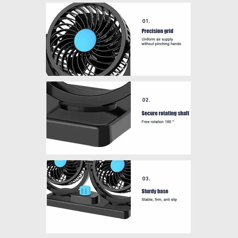 Mini Electric Car Double Fan 360 Degree Rotating 2 Gear Car Cooling Fan