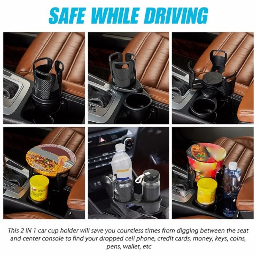 2 In 1 Car Cup Holder Expander Adapter Base Tray 360 Rotating Multifunctional Dual Cup Holder Bottle Holder Extender Auto Stand