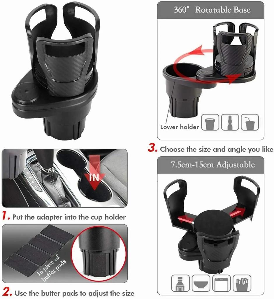 2 In 1 Car Cup Holder Expander Adapter Base Tray 360 Rotating Multifunctional Dual Cup Holder Bottle Holder Extender Auto Stand