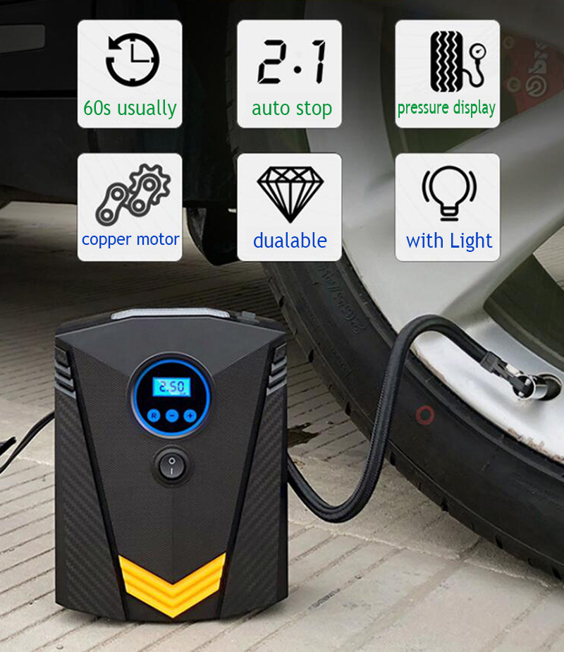 120W Auto Digital Tire Inflator Portable Air Compressor Pump With Light 150 PSI Car Air Pump