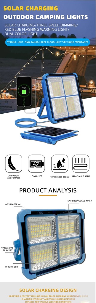 Stepless Dimming Mobile Power Bank Emergency Solar Light Large Capacity 18650 Battery With USB Port 5V/2A Outdoor Flood Night