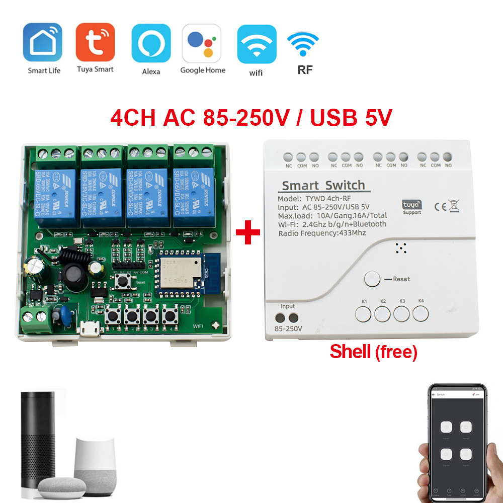 Tuya Smart Switch WiFi DIY Timer 85-220V RF Voice Control Module 4CH Tuya Module