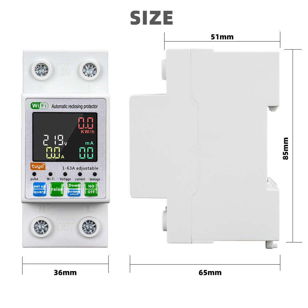 Tuya WiFi Intelligent 63A Circuit Breaker Backlit Single-Phase Energy Meter Auto-Reclosing Protector LCD Display APP Remote Control