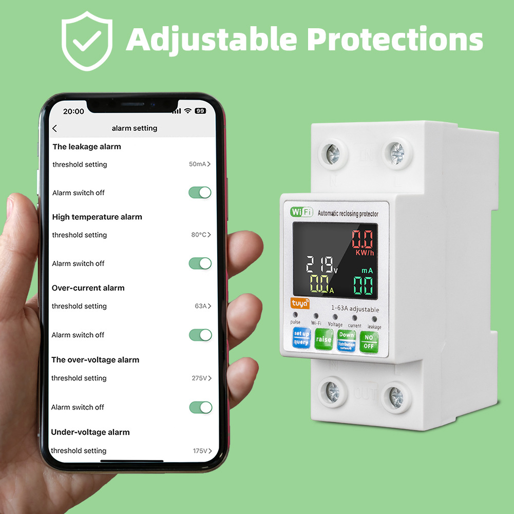 Tuya WiFi Intelligent 63A Circuit Breaker Backlit Single-Phase Energy Meter Auto-Reclosing Protector LCD Display APP Remote Control