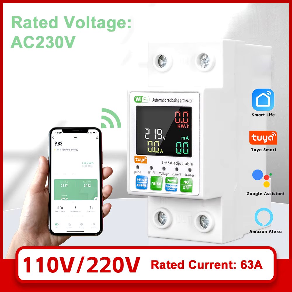 Tuya WiFi Intelligent 63A Circuit Breaker Backlit Single-Phase Energy Meter Auto-Reclosing Protector LCD Display APP Remote Control