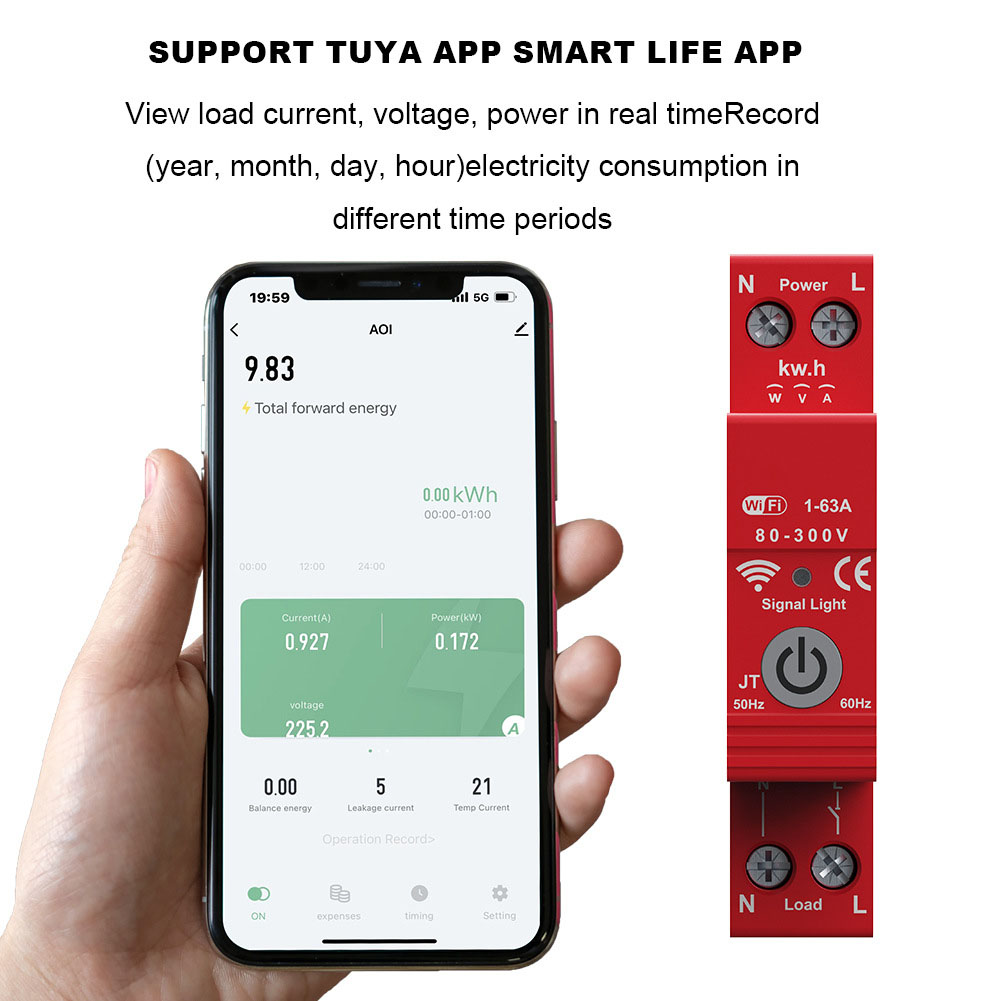 Tuya Wifi Intelligent Circuit Breaker 63A Metering Automatic Reclosing Switch Timer APP Control