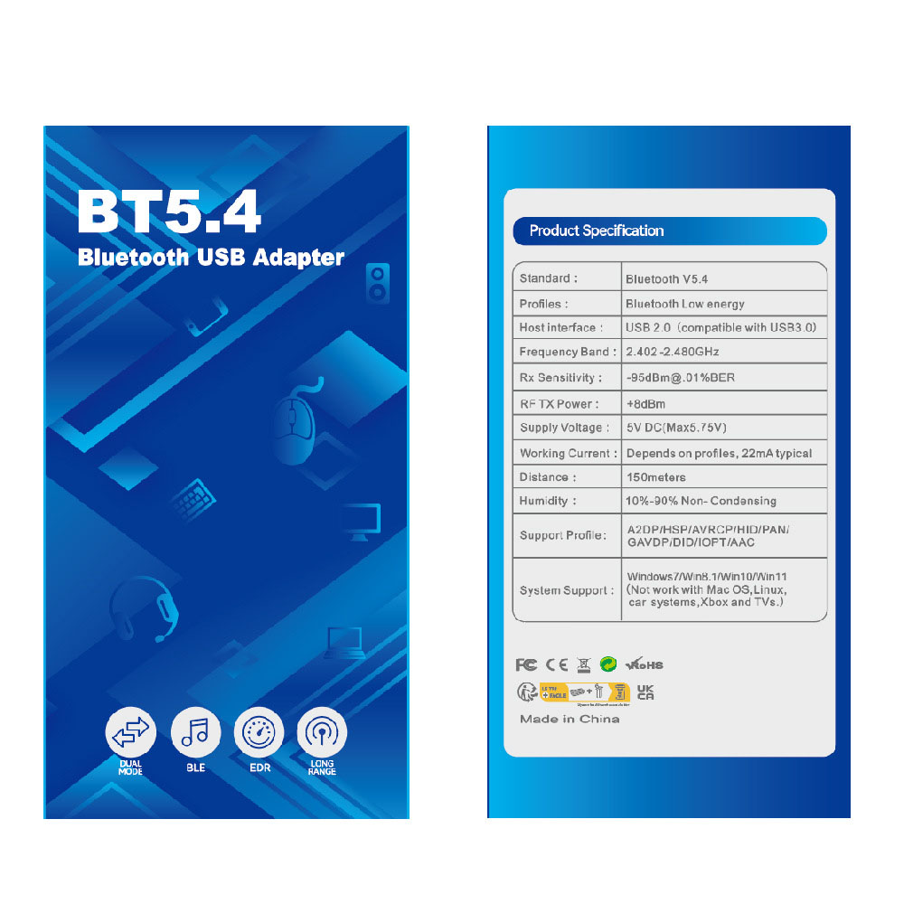 150m Bluetooth adapter driver-free Bluetooth5.4 computer external USB antenna Bluetooth receiver and transmitter