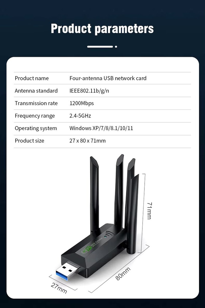 1200Mbps WiFi USB Adapter Dual Band 2.4G/5Ghz Wi-Fi Dongle 802.11AC Powerful Antenna Wireless Receiver