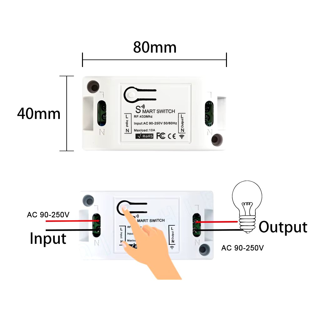 433Mhz Smart Light Switch Push Button Switch Universal Wireless Remote Control AC90~250V 10A 1CH Relay controller