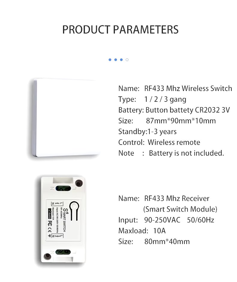 433Mhz Smart Light Switch Push Button Switch Universal Wireless Remote Control AC90~250V 10A 1CH Relay controller
