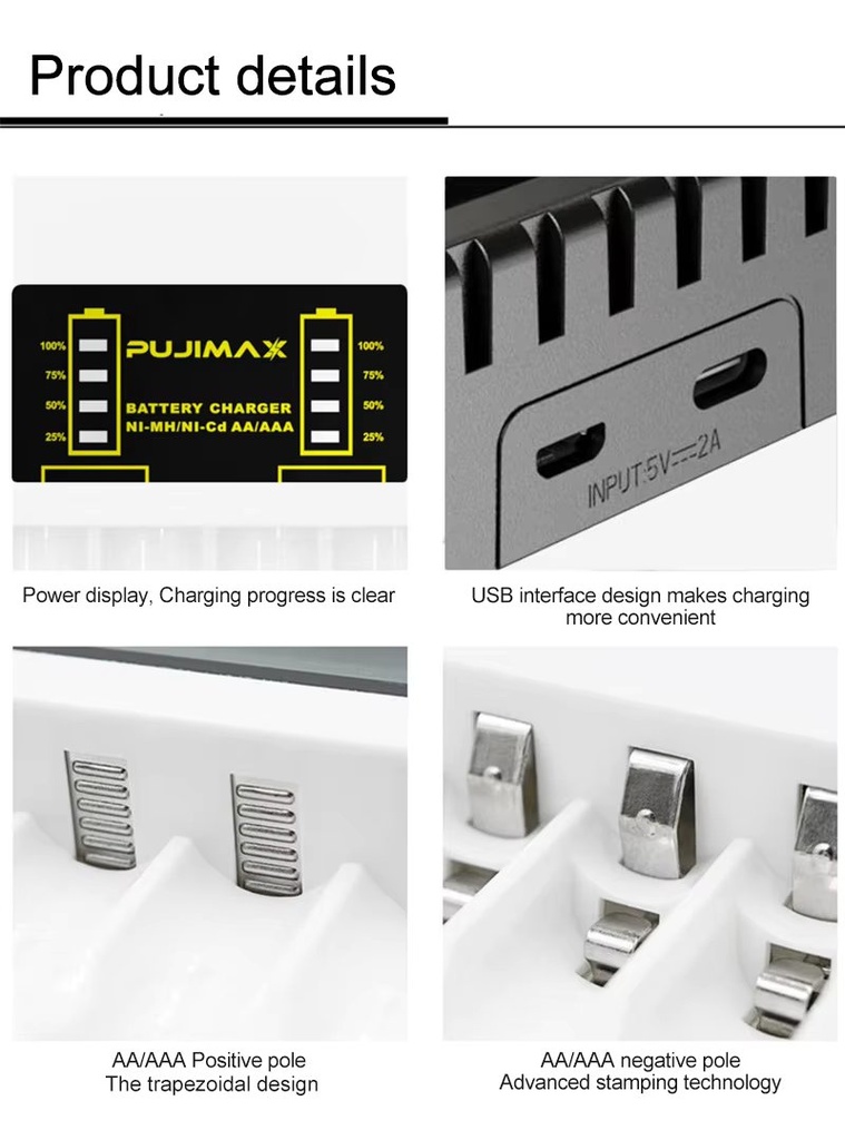 4 Slot Intelligent Fast Charge With Indicator For 1.2V NiMH NiCd AAA/AA Rechargeable Batteries USB C Micro Jack