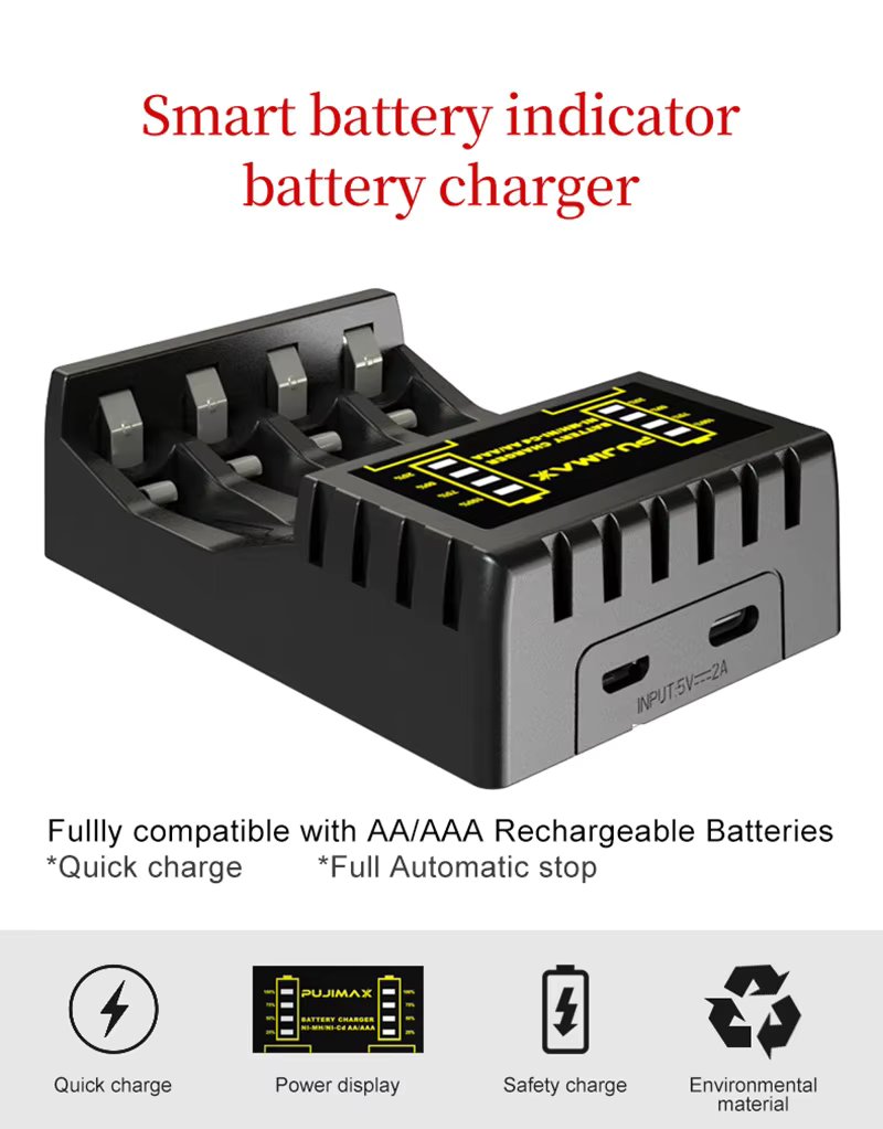4 Slot Intelligent Fast Charge With Indicator For 1.2V NiMH NiCd AAA/AA Rechargeable Batteries USB C Micro Jack