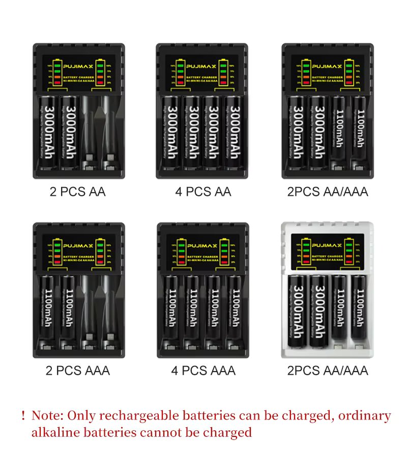 4 Slot Intelligent Fast Charge With Indicator For 1.2V NiMH NiCd AAA/AA Rechargeable Batteries USB C Micro Jack