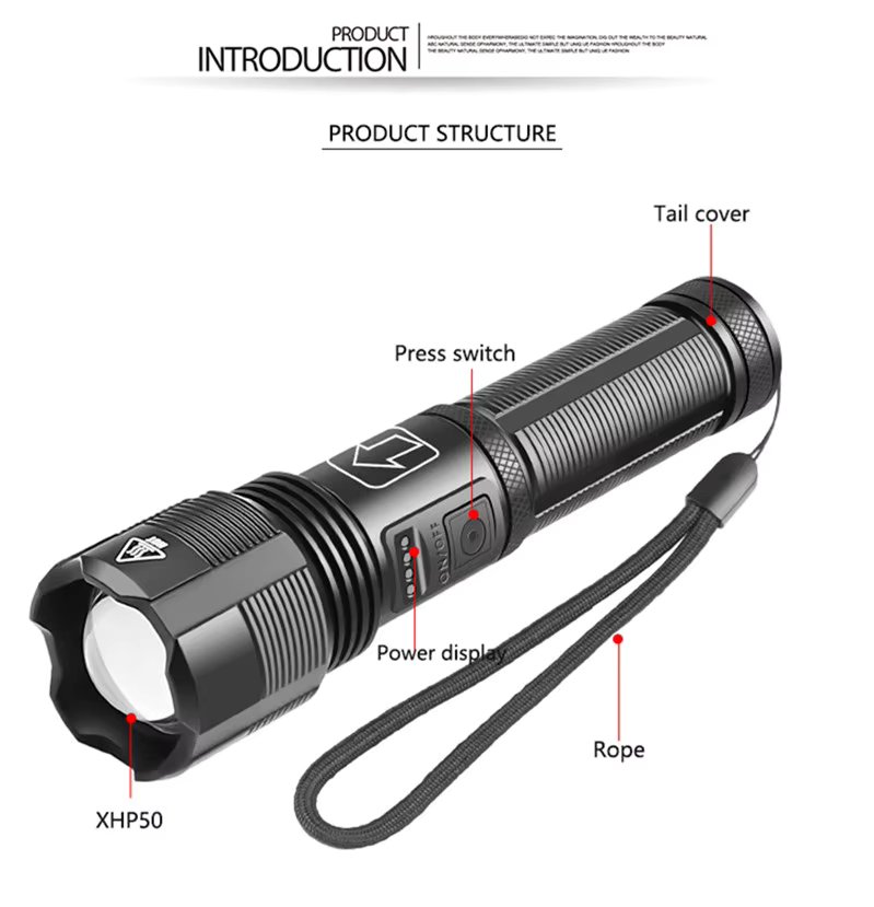 XHP50 18650 Rechargeable LED Flashlight