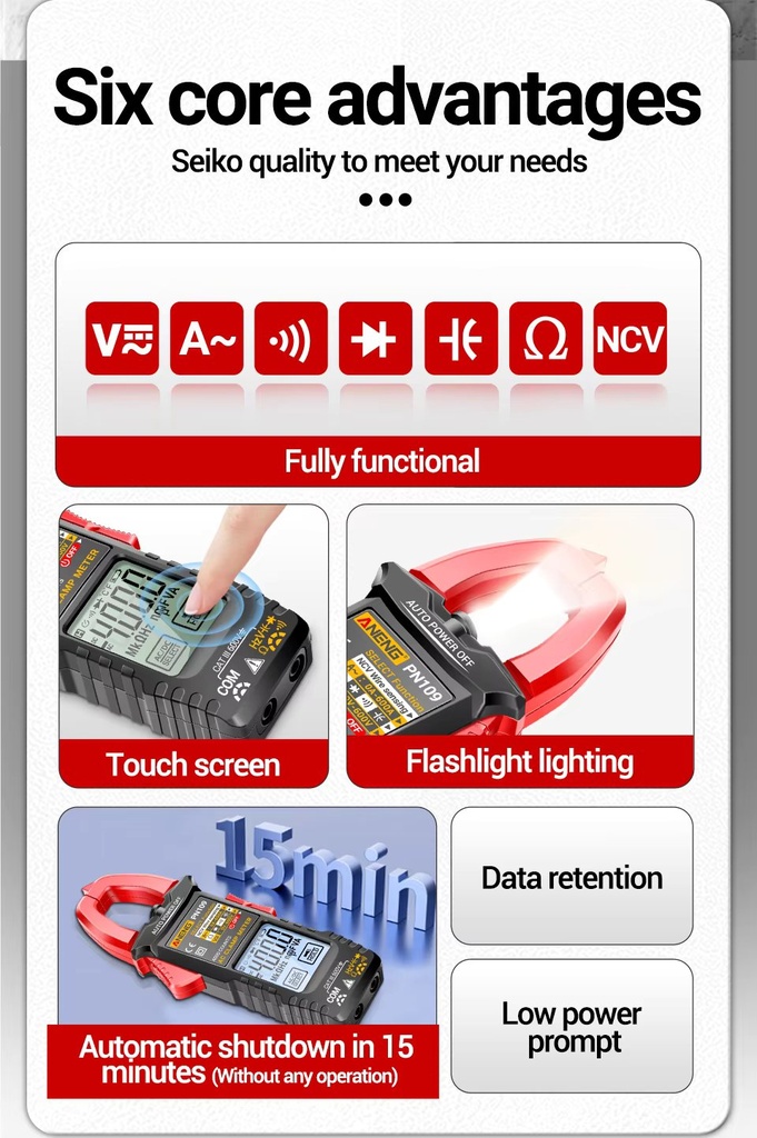 PN109 Tester 4000 Count Multimeter Clamp Meter with Backlit Buzzer Flashlight Ohmmeter Voltmeter