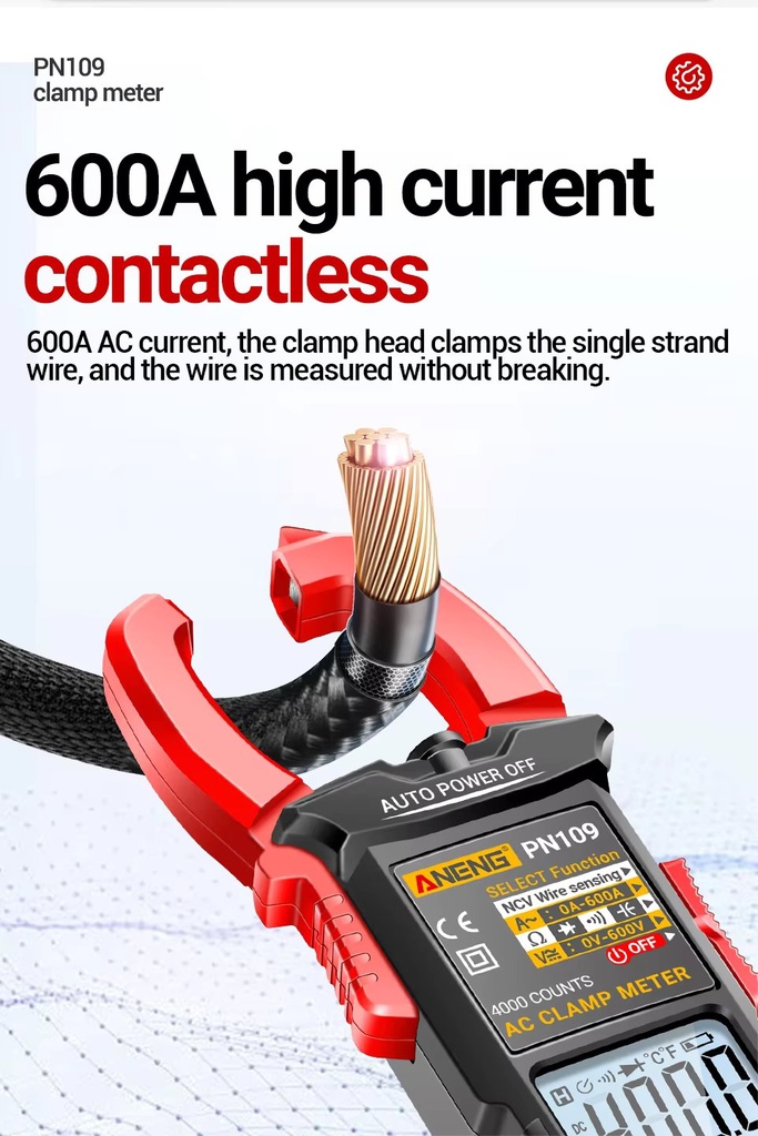 PN109 Tester 4000 Count Multimeter Clamp Meter with Backlit Buzzer Flashlight Ohmmeter Voltmeter