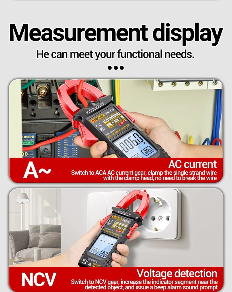 PN109 Tester 4000 Count Multimeter Clamp Meter with Backlit Buzzer Flashlight Ohmmeter Voltmeter