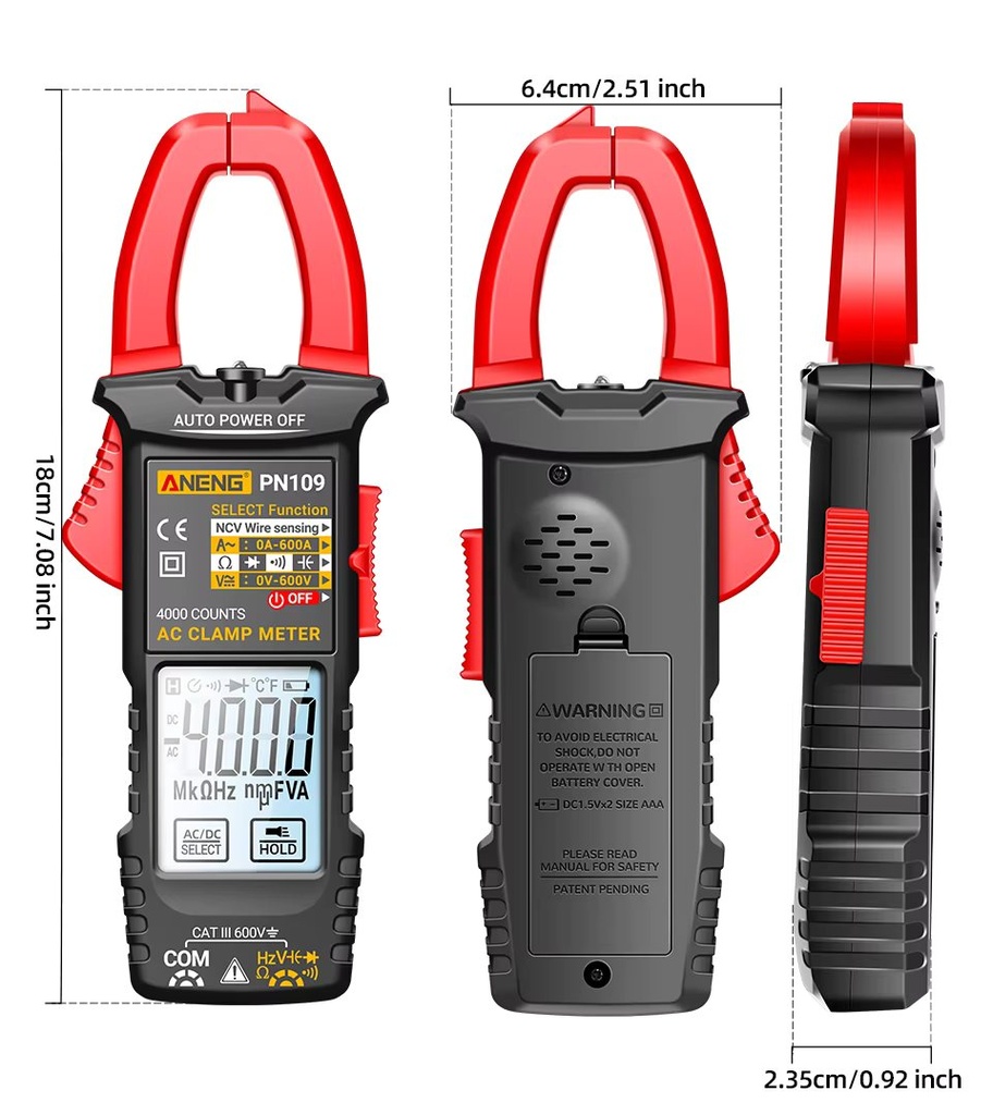 PN109 Tester 4000 Count Multimeter Clamp Meter with Backlit Buzzer Flashlight Ohmmeter Voltmeter