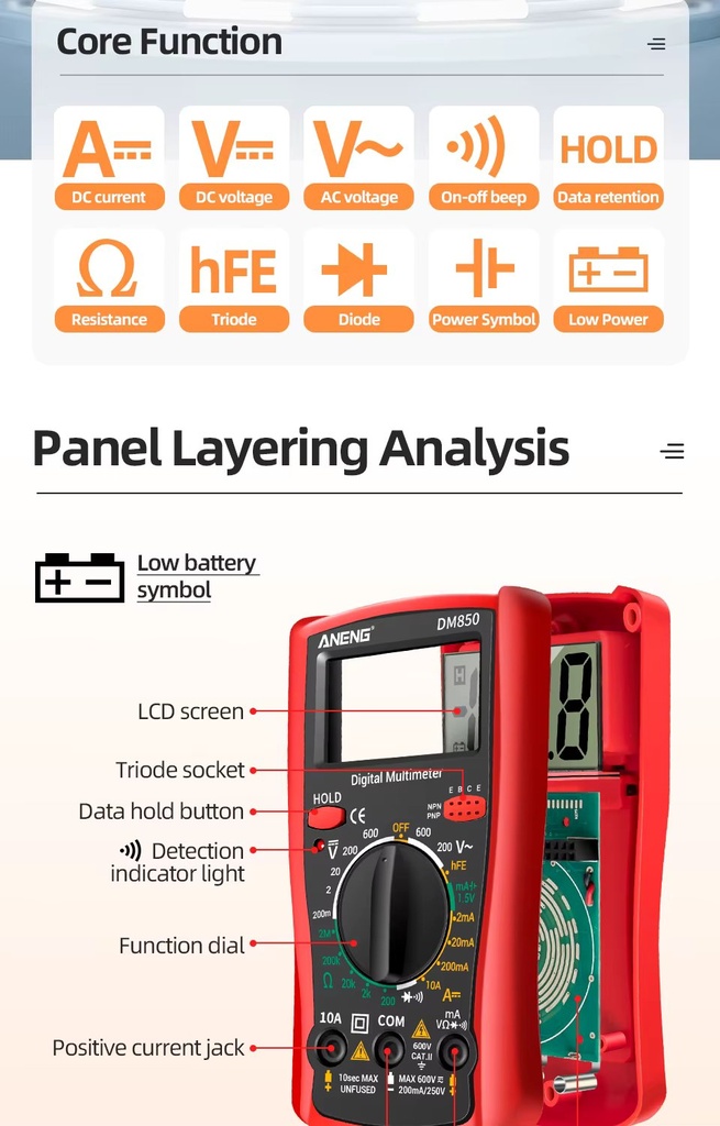 ANENG DM850 Automatic Professional Digital Multimeter 1999 Counts Auto AC/DC Voltage Tester Ohm Current Ammeter