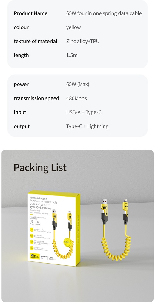 4 in 1 PD 27W 65W Fast Charging Spring Cable USB Type C To Type C And Lightning Data Cable Wire