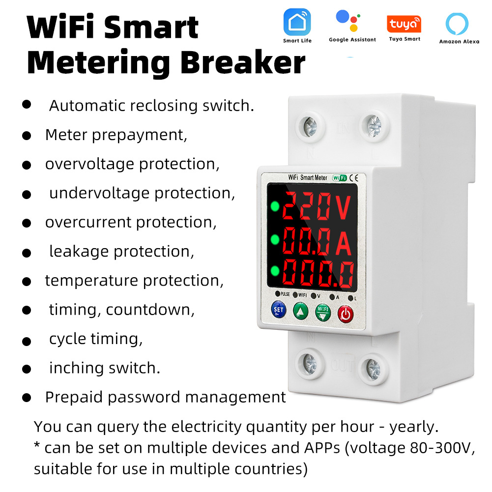 Tuya WiFi 63A Automatic Reclosure Protector Intelligent Current Breaker Overvoltage Undervoltage Overcurrent Leakage Protection