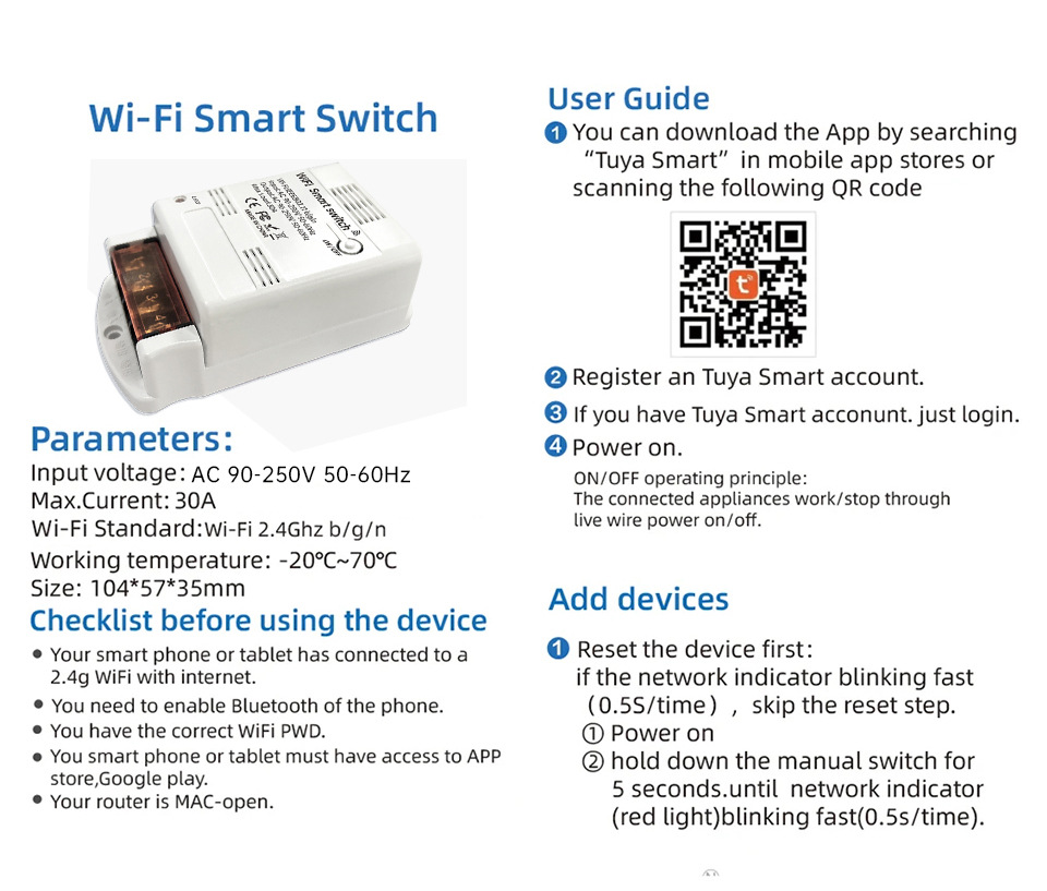 Wifi Smart Switch 30A Relay Module Smart Switch Controllers Home Automation On-Off Timing