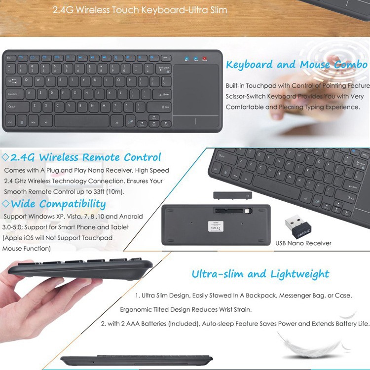 Mini Ultra-slim 2.4GHz Wireless Keyboard 78 Keys Keyboard With Touchpad