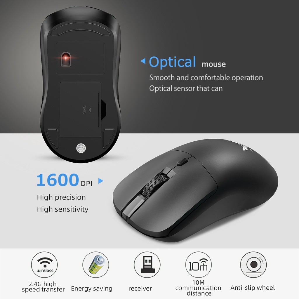 T2 2.4G Wireless Mouse Ergonomic Gaming Mouse 800/1200/1600DPI 4 Mute Buttons Mouse