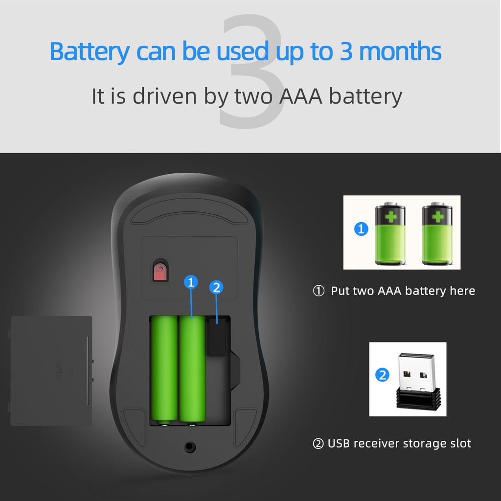 T2 2.4G Wireless Mouse Ergonomic Gaming Mouse 800/1200/1600DPI 4 Mute Buttons Mouse