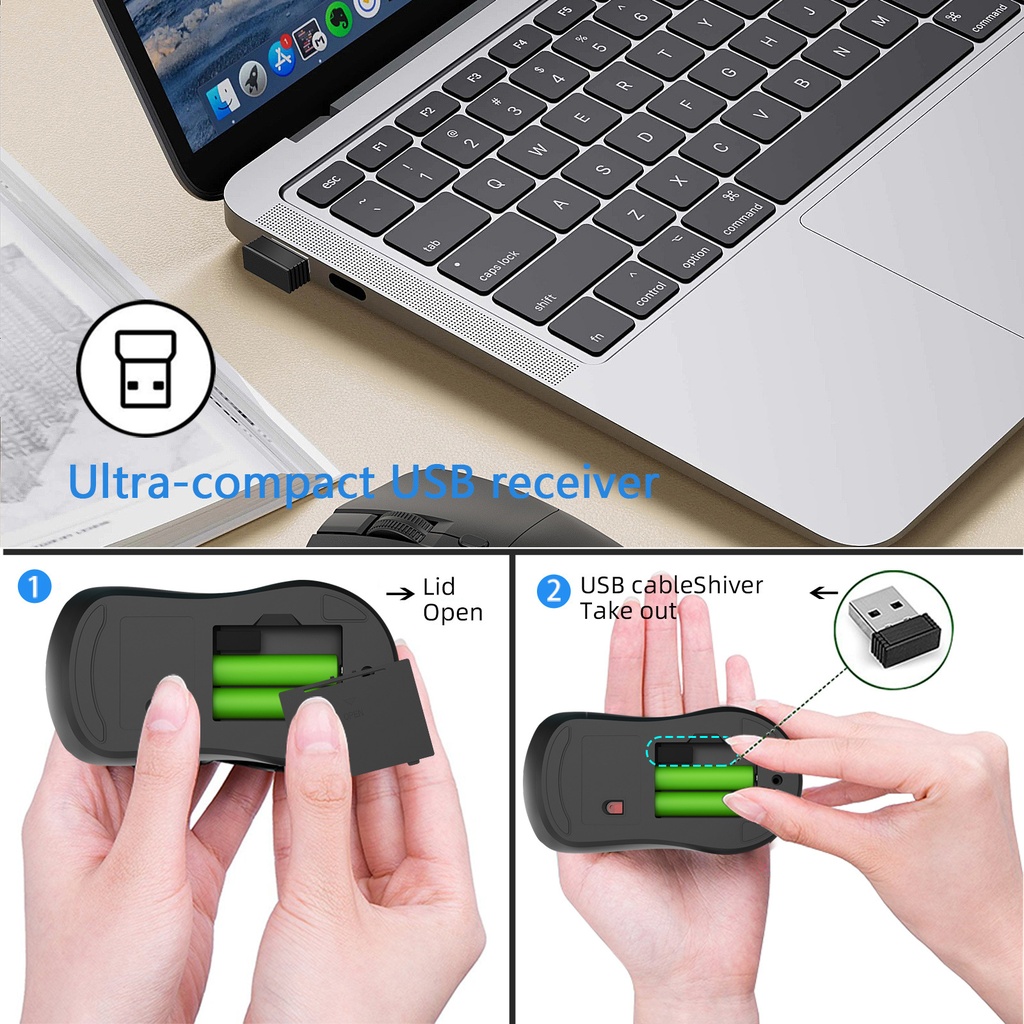 T2 2.4G Wireless Mouse Ergonomic Gaming Mouse 800/1200/1600DPI 4 Mute Buttons Mouse
